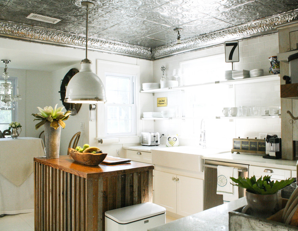 Asbestos Ceiling Tiles for Eclectic Kitchen with Open Shelving