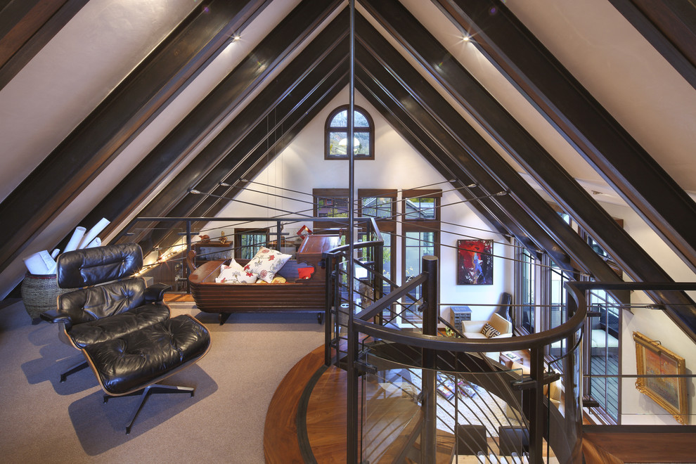 Attic Truss for Contemporary Family Room with Spiral Staircase