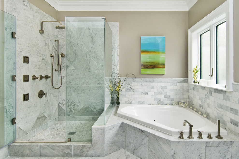 Benjamin Moore Silver Fox for Transitional Bathroom with Drop in Bathtub