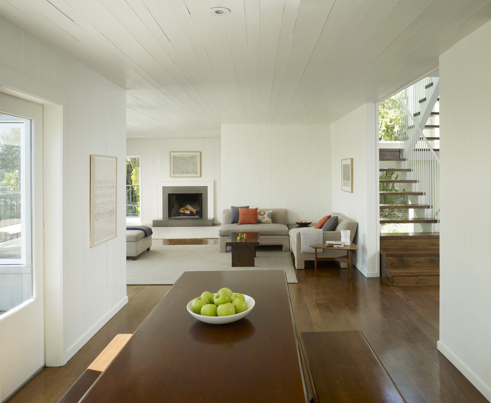 Benjamin Moore White Dove for Transitional Living Room with Wood Ceiling