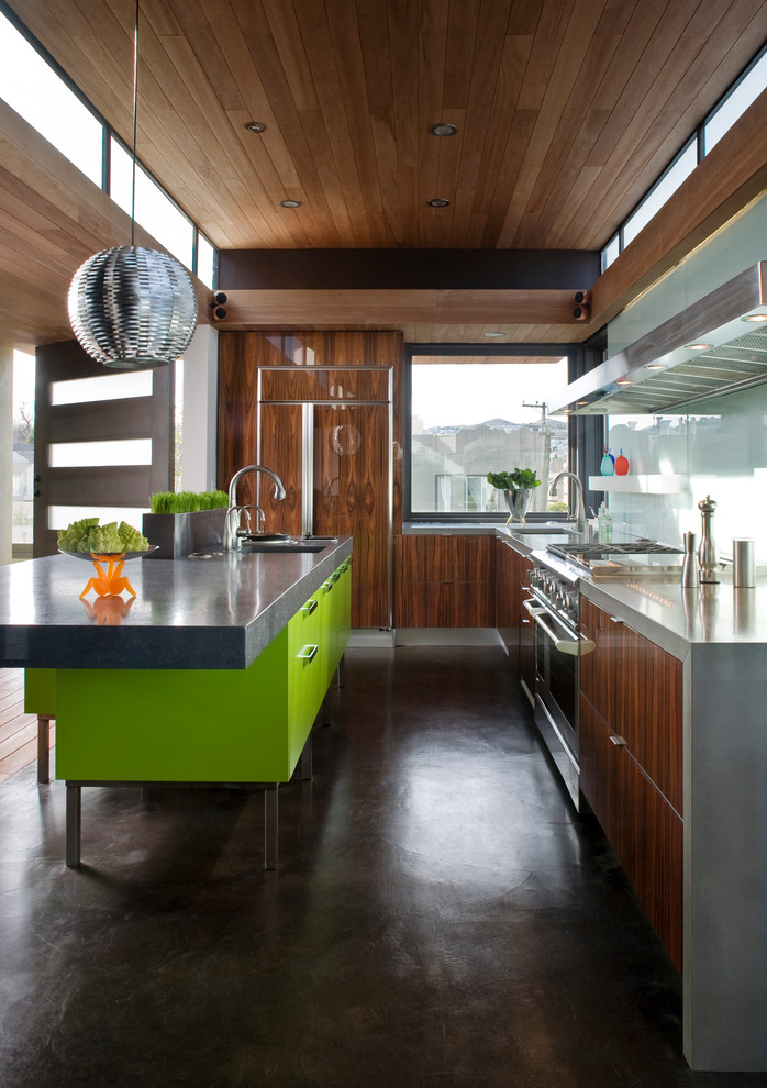 Concrete vs Asphalt for Contemporary Kitchen with Lime Green Kitchen Island
