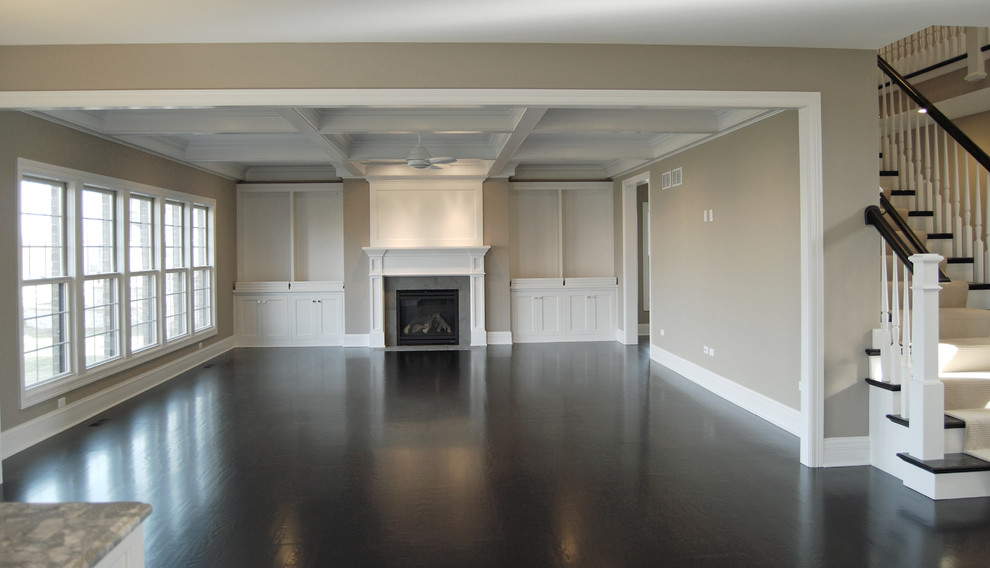 Greige Paint for Traditional Family Room with Fireplace