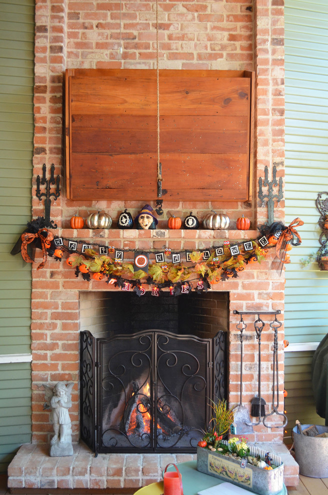 Halloween Tombstone Sayings for Traditional Porch with Brick Fireplace