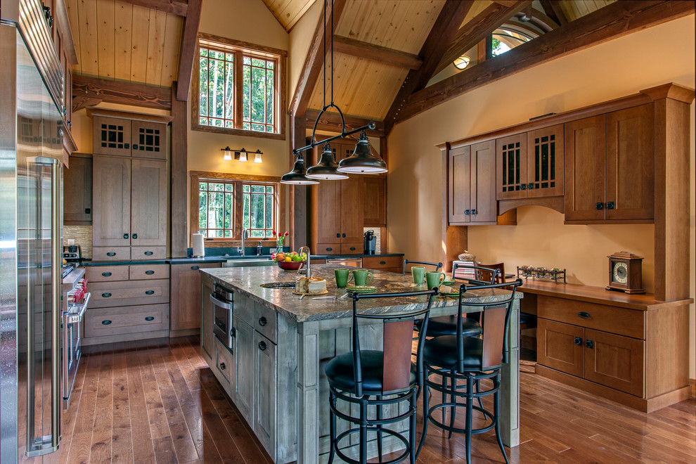 Hermitage Lighting for Rustic Kitchen with Green Island