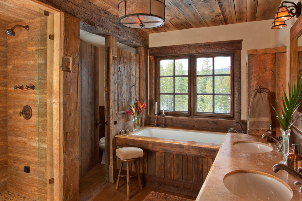 How to Restain Wood for Rustic Bathroom with Oversized Bathtub