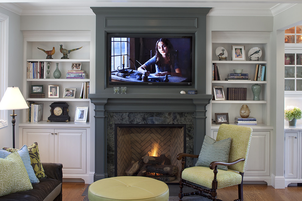 Jeff Lewis Paint for Traditional Family Room with Built in Shelves