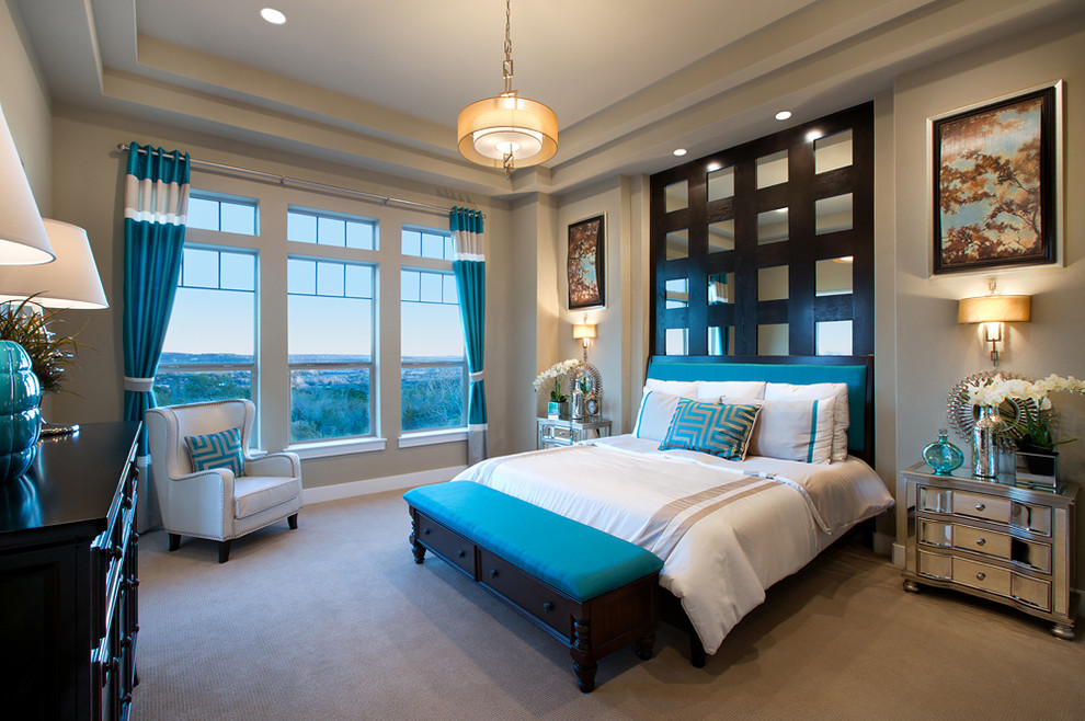 Jimmy Jacobs Homes for Contemporary Bedroom with Aqua Drapes