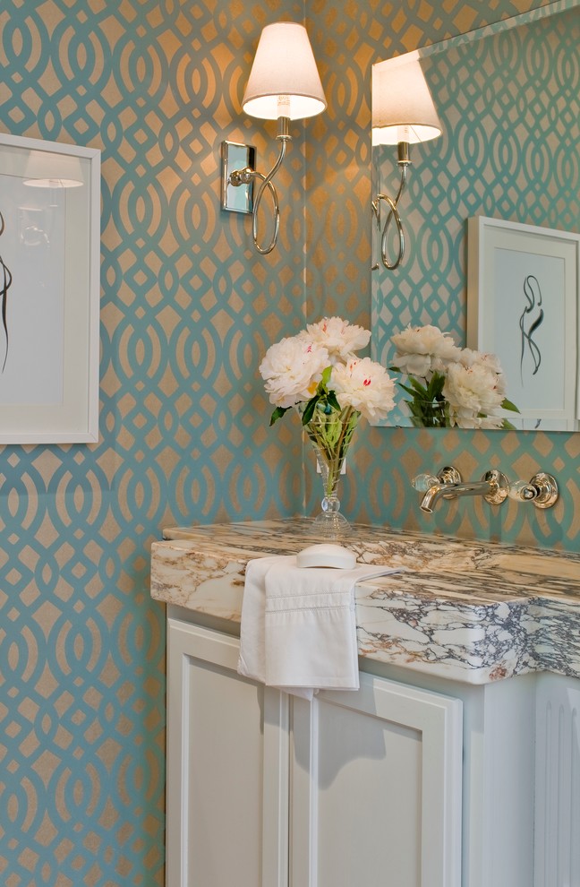 Lilly Pulitzer Wallpaper for Transitional Powder Room with White Peonies