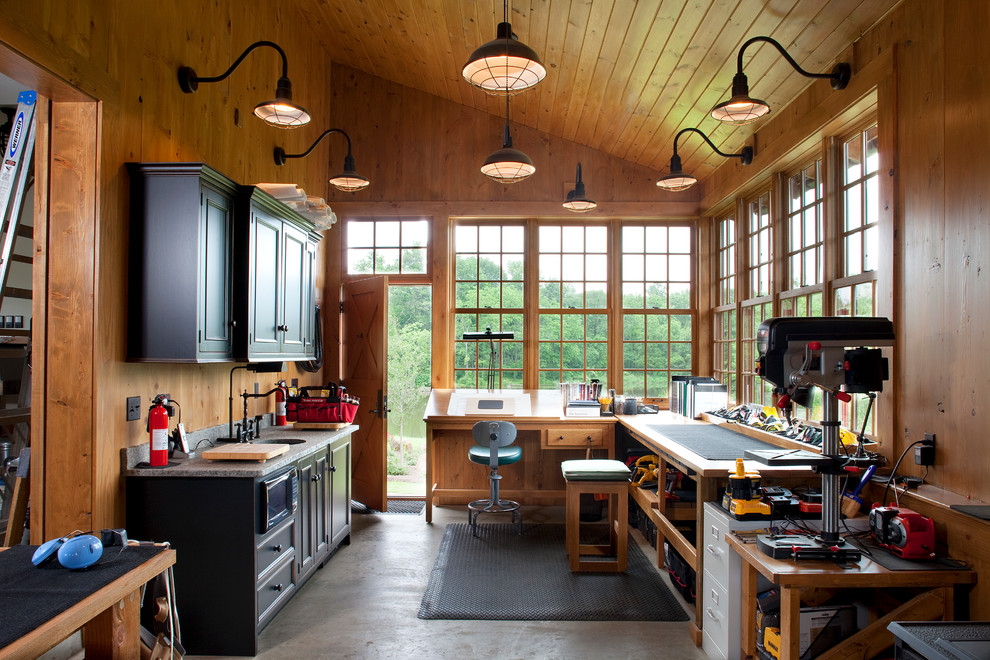 Nick Offerman Woodshop for Traditional Shed with Slanted Ceiling