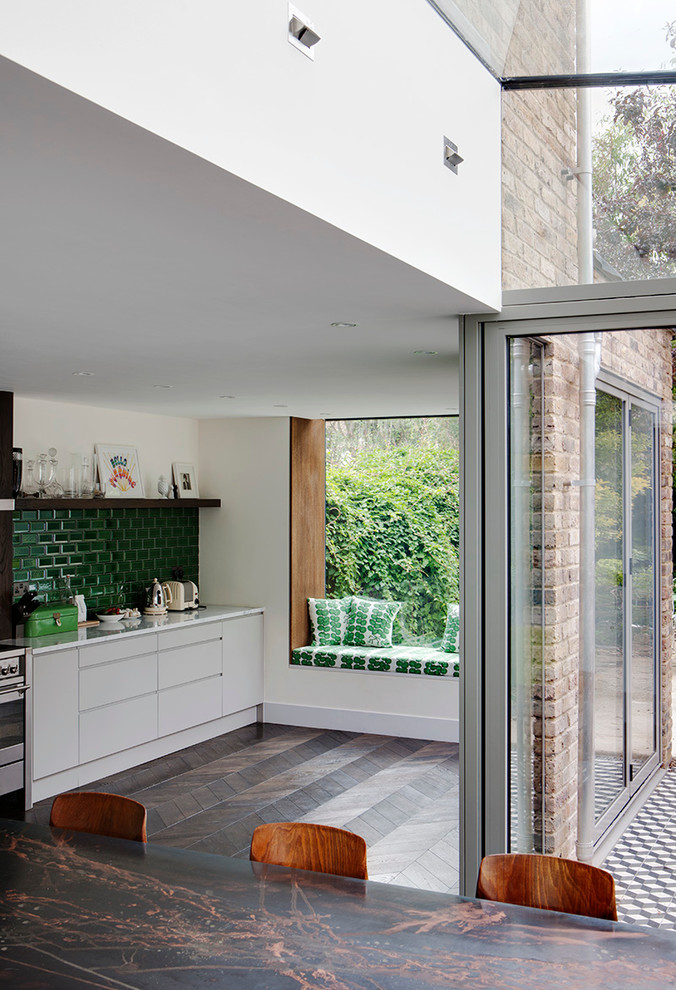 Oriel Window for Eclectic Kitchen with Green Subway Tile Backsplash
