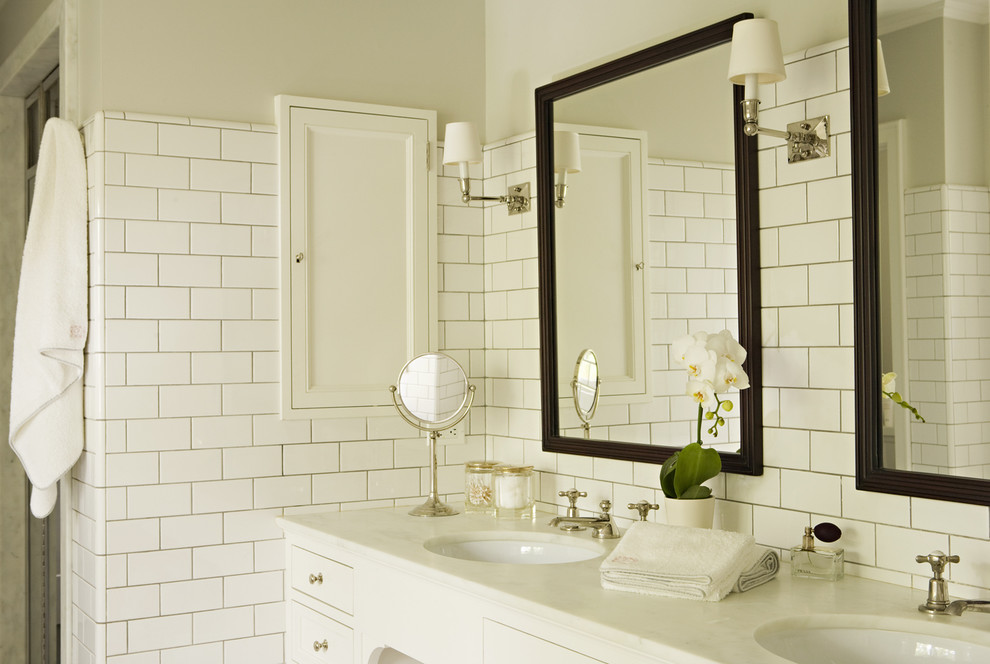 Polyblend Grout Colors for Traditional Bathroom with White Subway Tiles