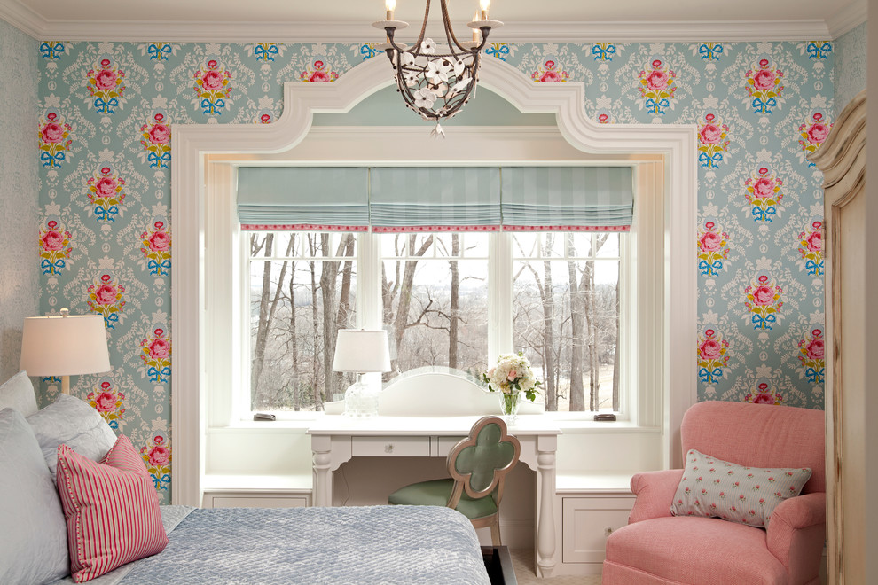 Preppy Wallpaper for Traditional Bedroom with Window Desk