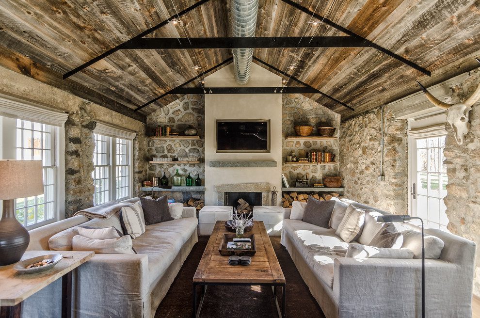 Rustic Living Room Ideas for Farmhouse Living Room with Rustic Stone Wall