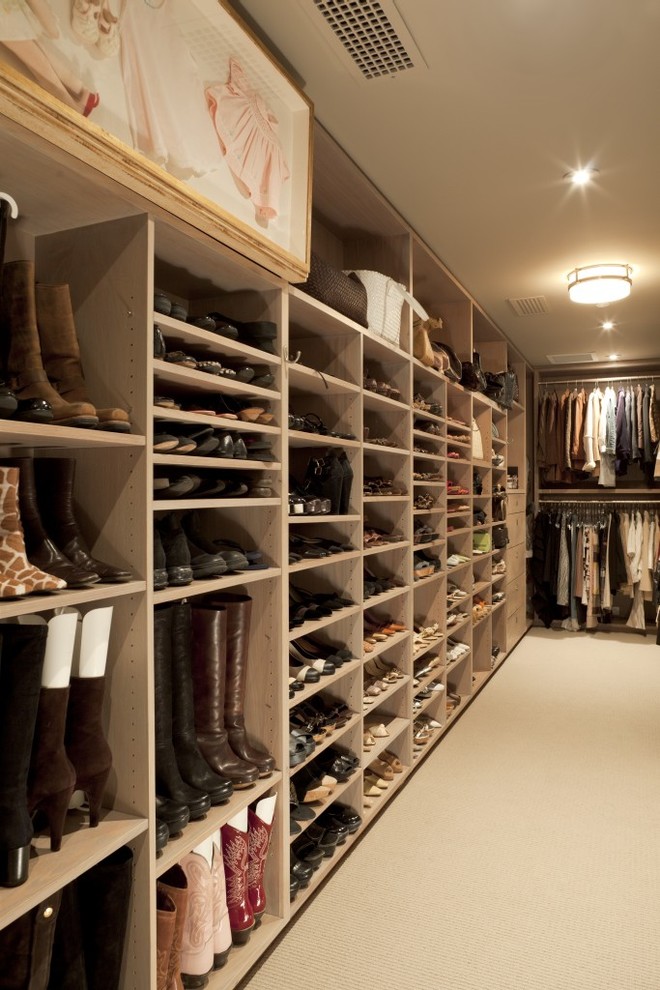 Sneaker Storage for Transitional Closet with Flush Mount Ceiling Light
