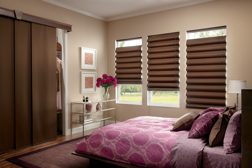 Springs Window Fashions for Contemporary Bedroom with Wood Blinds