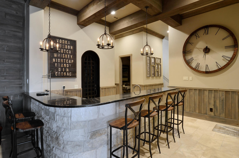 Standard Bar Stool Height for Rustic Home Bar with Wood Beams in Wet Bar