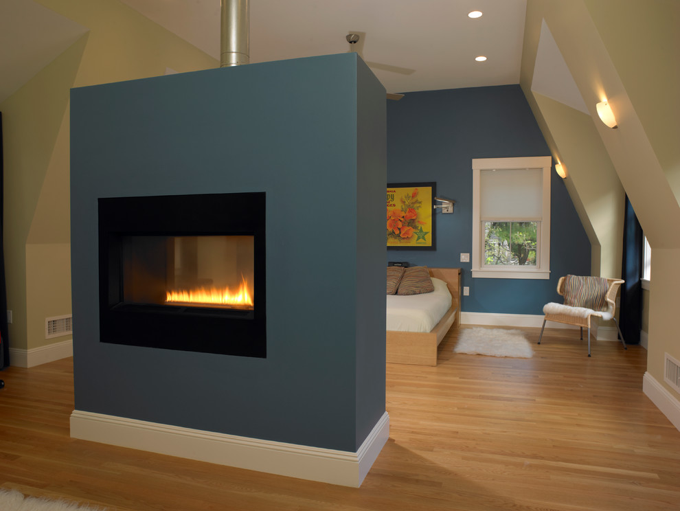 2 Sided Fireplace Bedroom Contemporary with Baseboards Denim Blue Dormer
