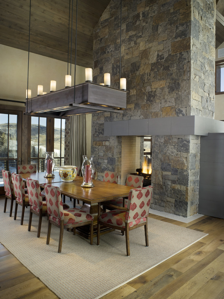 2 Sided Fireplace Dining Room Contemporary with Area Rug High Ceilings