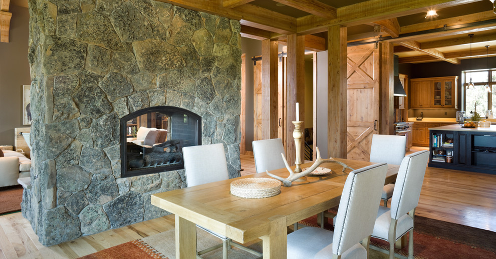 2 Sided Fireplace Dining Room Rustic with None 
