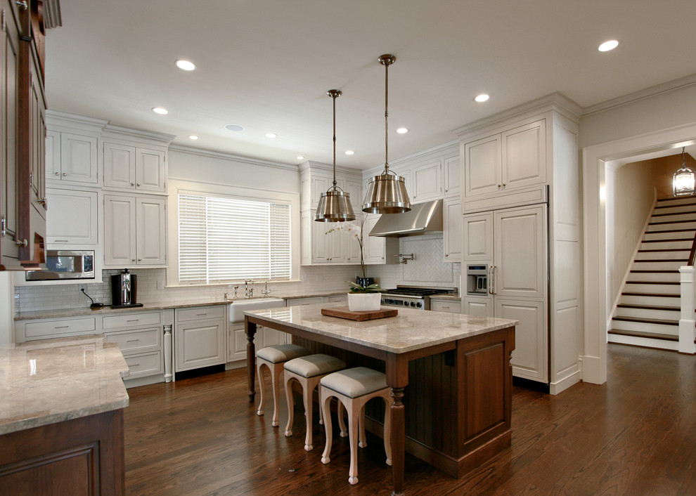 2 X 6 Subway Tile Kitchen Traditional with Apron Sink Crystal Cabinets