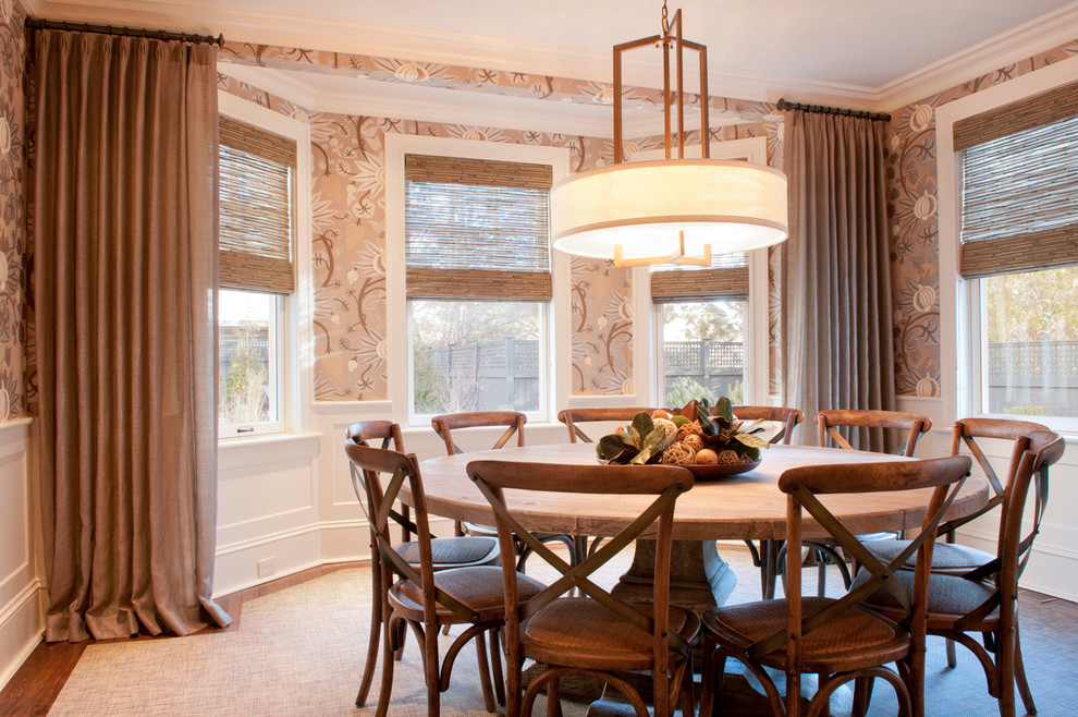 36 Round Dining Table Dining Room Transitional with Bamboo Roman Shade Bay