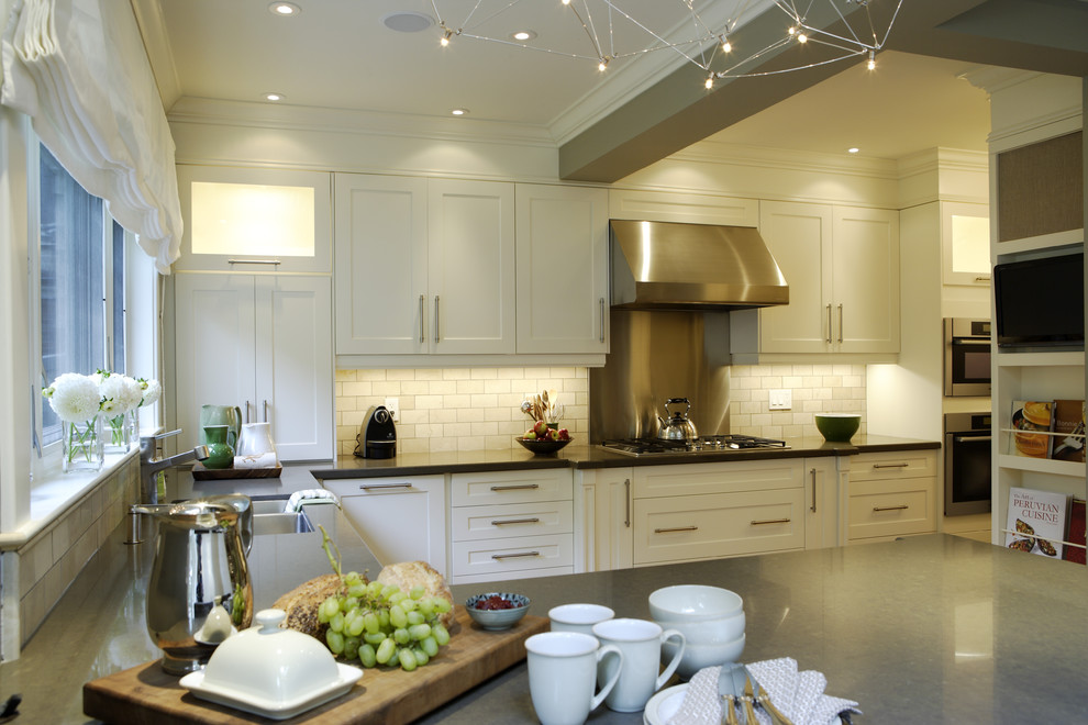 3x6 Subway Tile Kitchen Traditional with Beam Ceserstone Counters Chopping