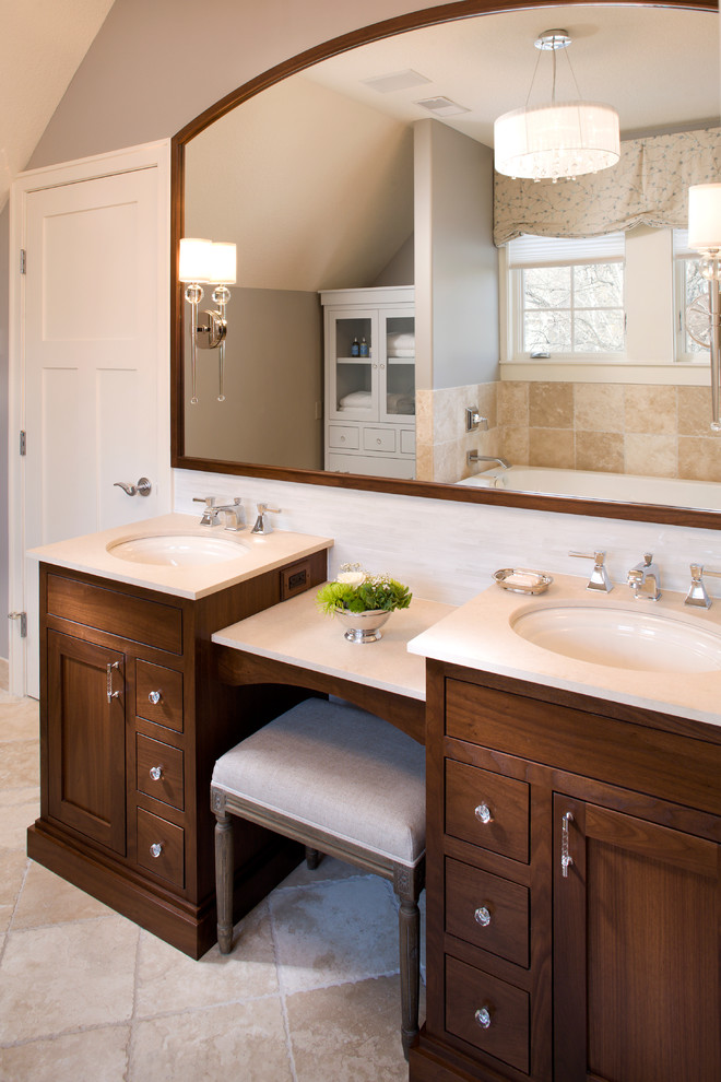 54 Double Vanity Bathroom Traditional with Arced Mirror Bench Dual