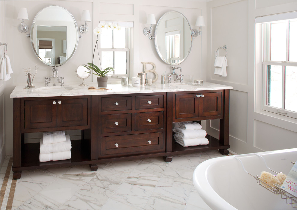 54 Double Vanity Bathroom Traditional with Clawfoot Tub Dark Stained