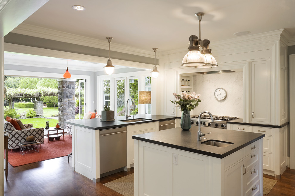 Absolute Black Granite Kitchen Traditional with Carrara Marble Backsplash Painted