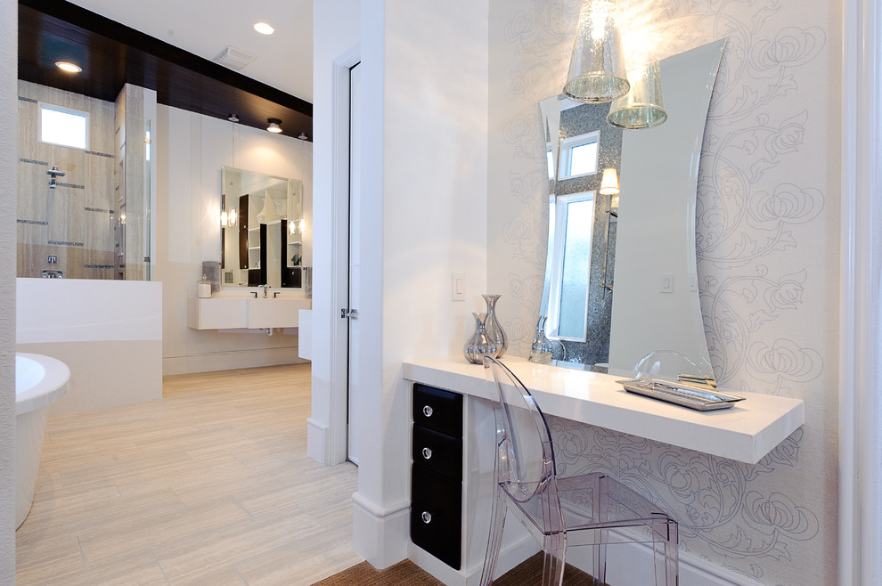 Acrylic Vanity Table Bathroom Modern with Dark Stained Wood Floating
