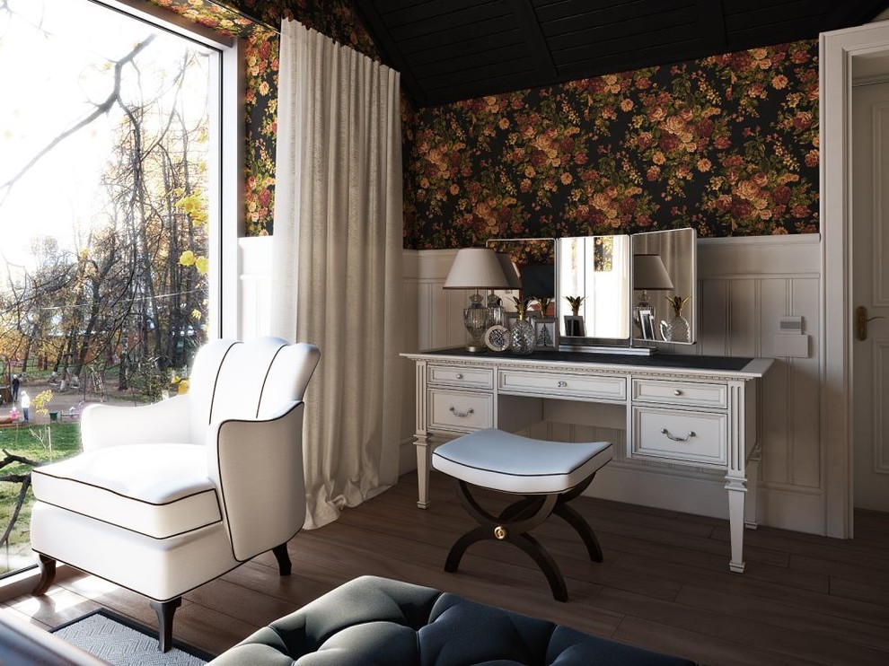 Acrylic Vanity Table Bedroom Transitional with Curtains Dark Ceiling Drapes