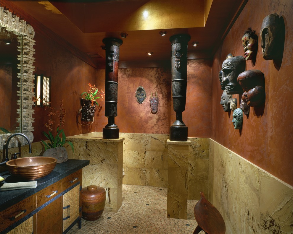 African Home Decor Powder Room Tropical with Bathroom Tile Ceiling Treatment