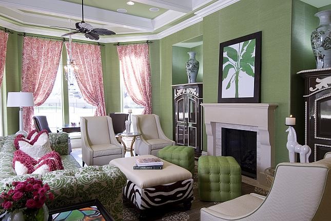 Animal Print Ottoman Family Room Eclectic with Custom Draperies Fuschia Green
