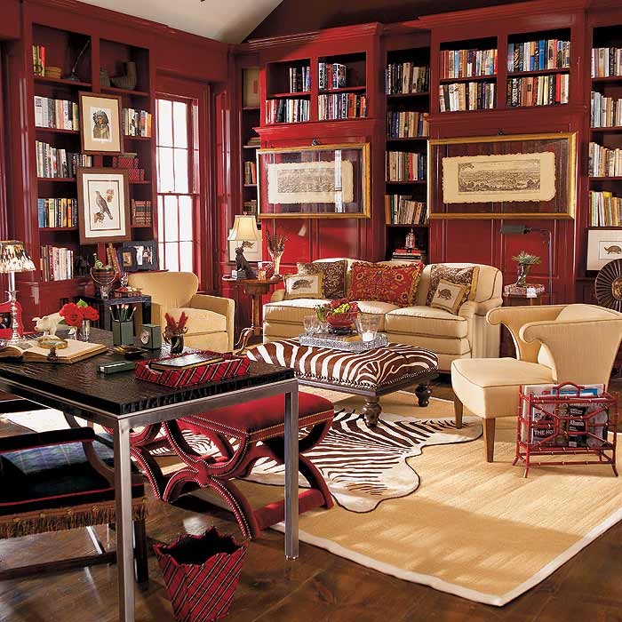 Animal Print Ottoman Home Office Eclectic with Zebra Red Stool Bookcases