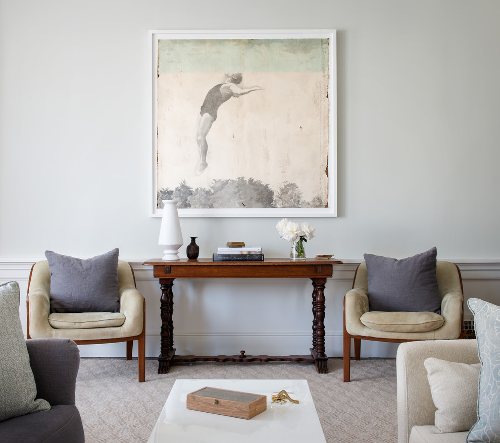 Antique Console Table Living Room Transitional with Beige and Wood Chairs