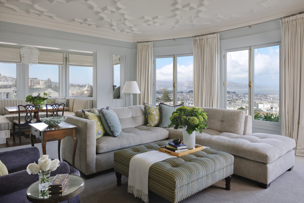 Apartment Sized Sectional Family Room Traditional with Accents Blue Calming Casement