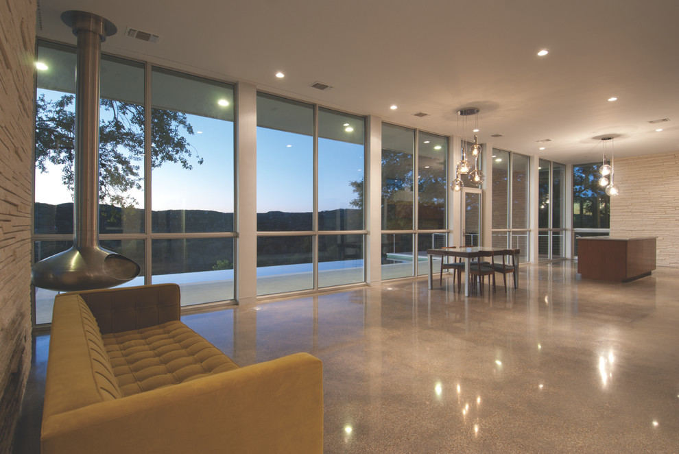 Apartment Sized Sectional Living Room Contemporary with Bulb Chandeliers Concrete Floor