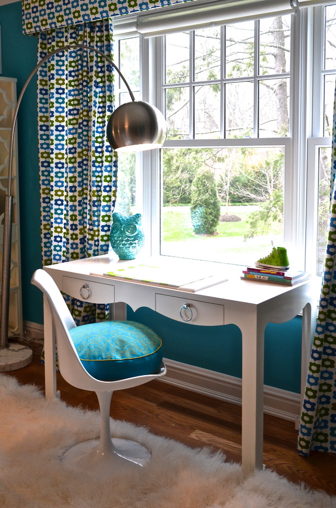 Aqua Desk Chair Kids Contemporary with Arc Lamp Baseboards Curtains