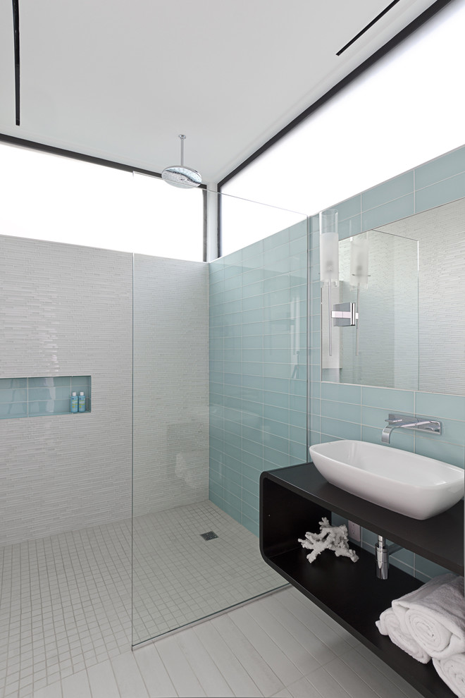 Aqua Glass Tile Bathroom Modern with Bath Chrome Frosted Windows