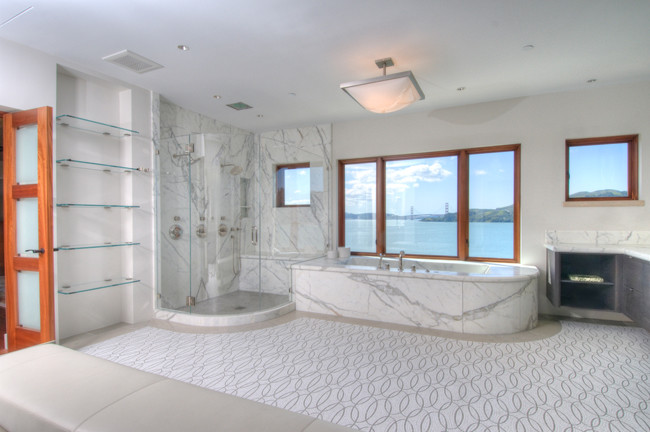 Aqua Glass Tile Bathroom Modern with Bathroom Bathtub Beige Black