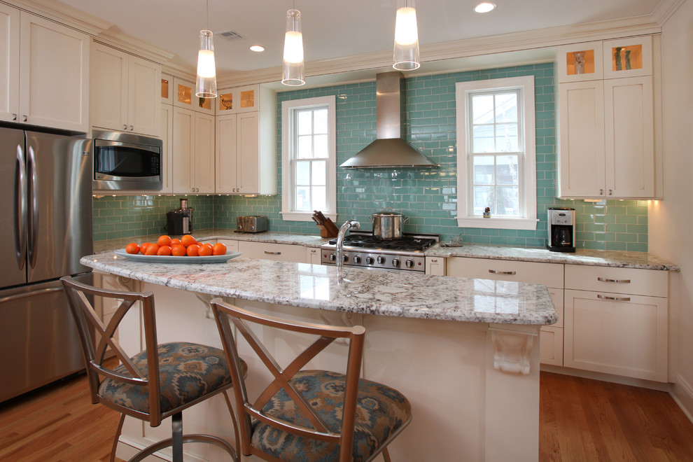 Aqua Glass Tile Kitchen Contemporary with Crown Molding Glossy Backsplash
