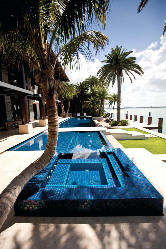 Aqua Glass Tile Pool Beach with Blue Tile Coastal Disappearing
