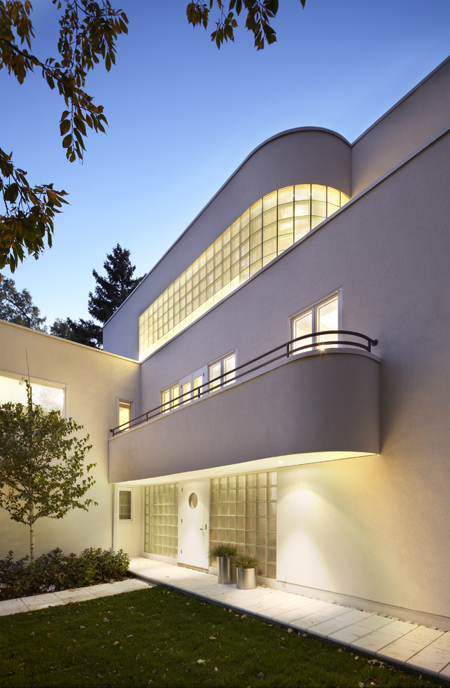 Art Deco Furniture Style Exterior Modern with Concrete Path Curved Balcony