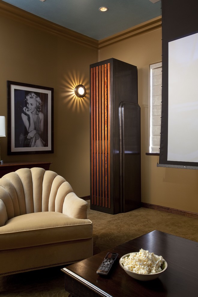 Art Deco House Numbers Home Theater Eclectic with Crown Molding Projection Projector