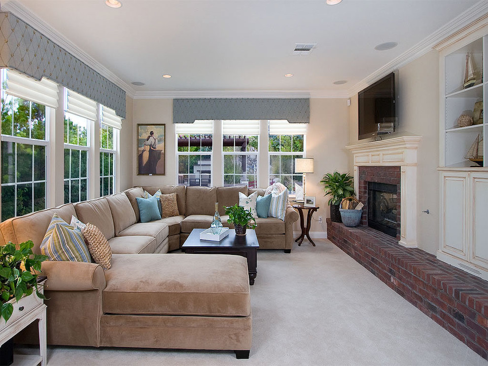 Ashley Furniture Sectional Sofas Family Room Traditional with Brick Fireplace Surround Built