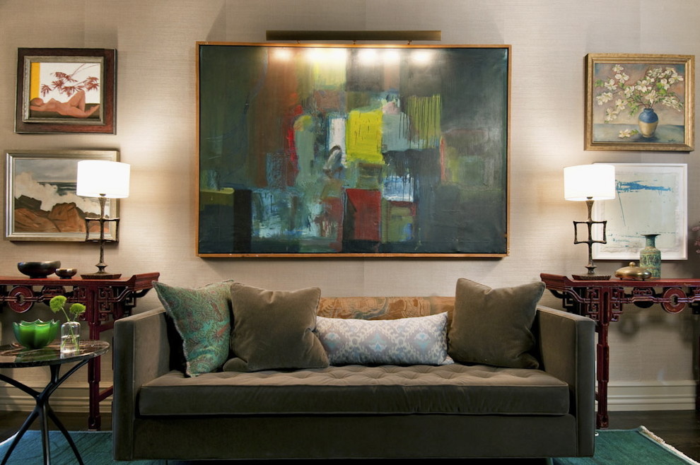 Asian Console Table Living Room Eclectic with Abstract Art Art Lamp