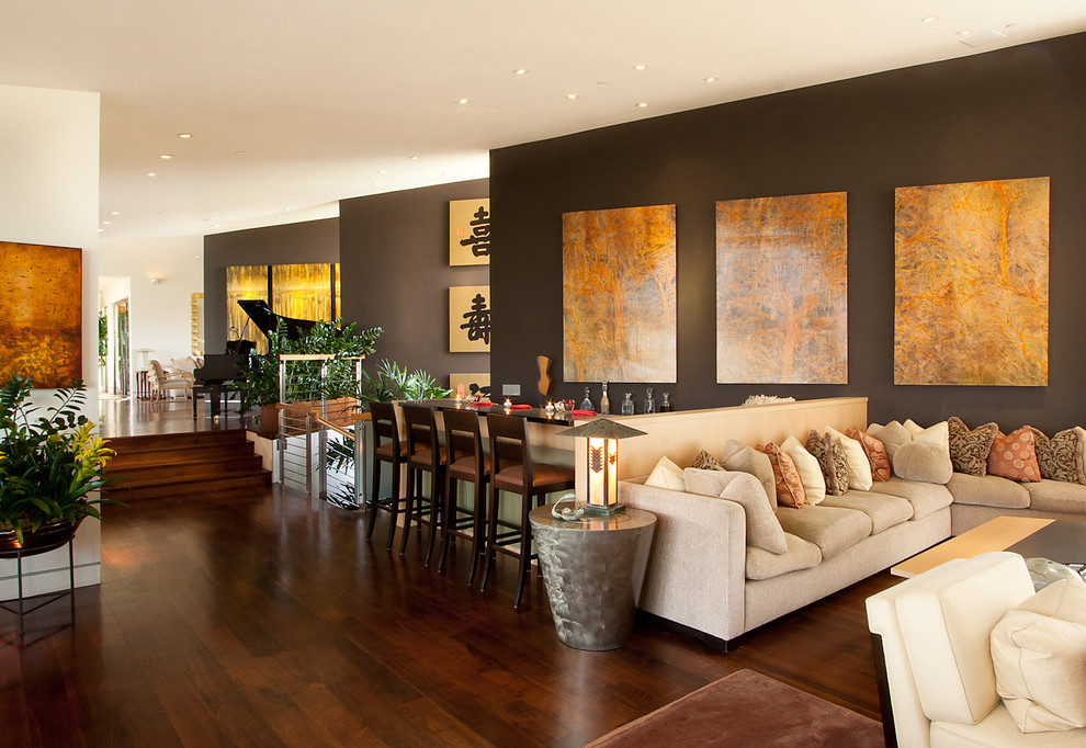 Asian Walnut Flooring Family Room Contemporary with Accent Wall Bar Ceiling