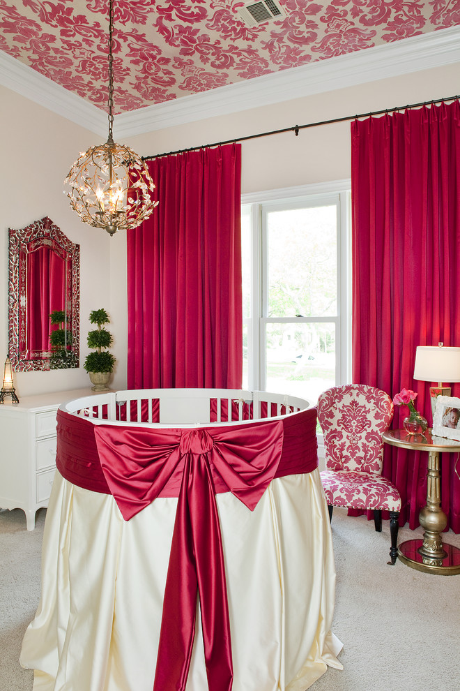 Baby Girl Nursery Themes Nursery Traditional with Bedskirt Bows Carpeting Chandelier