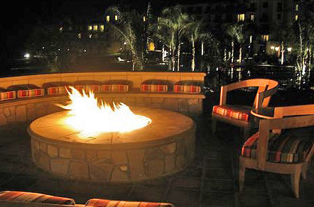 Backyard Fire Pits Patio Contemporary with Built in Stone Seating Cushions