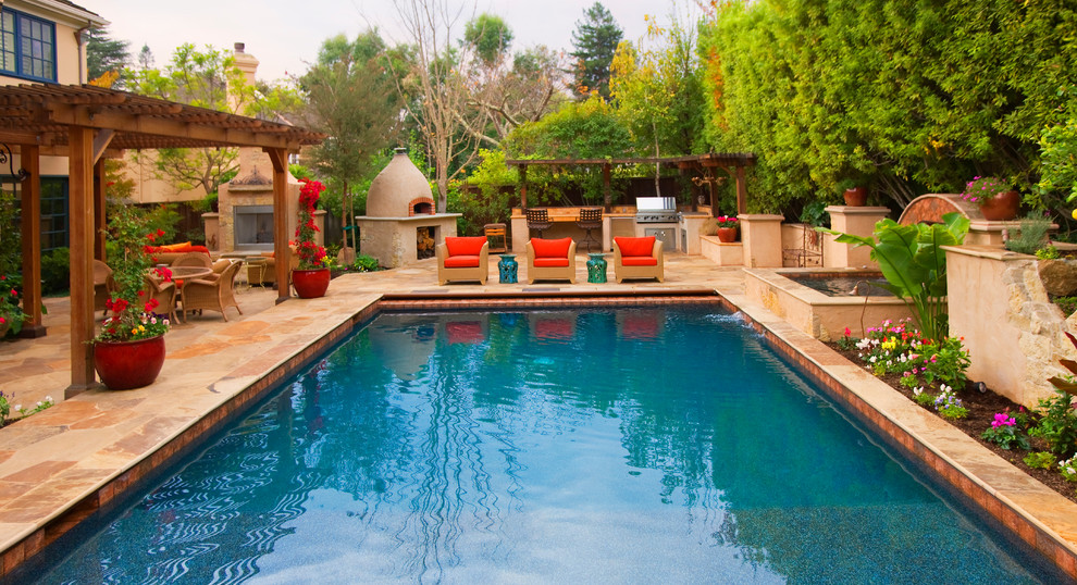 Backyard Pizza Ovens Pool Mediterranean with Bay Area Bright Flowers